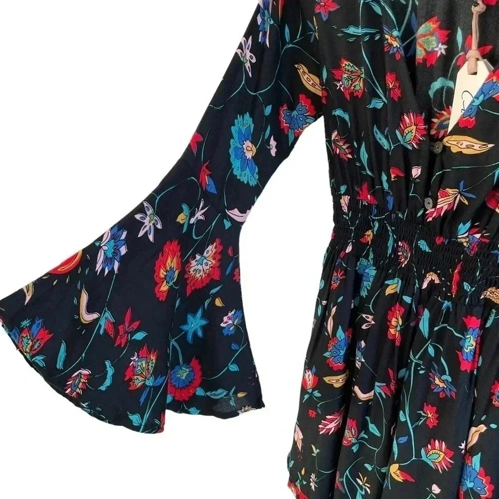 Cleobella Mini Dress Black Floral Ruffles Long Sleeves NWT - Picture 2 of 7
